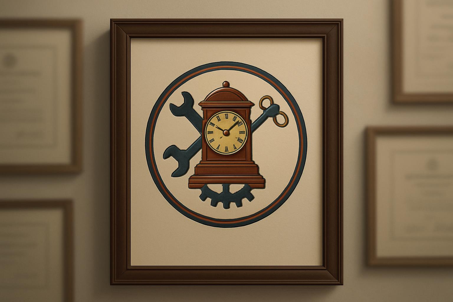 Clock with wrenches and a key, framed.
